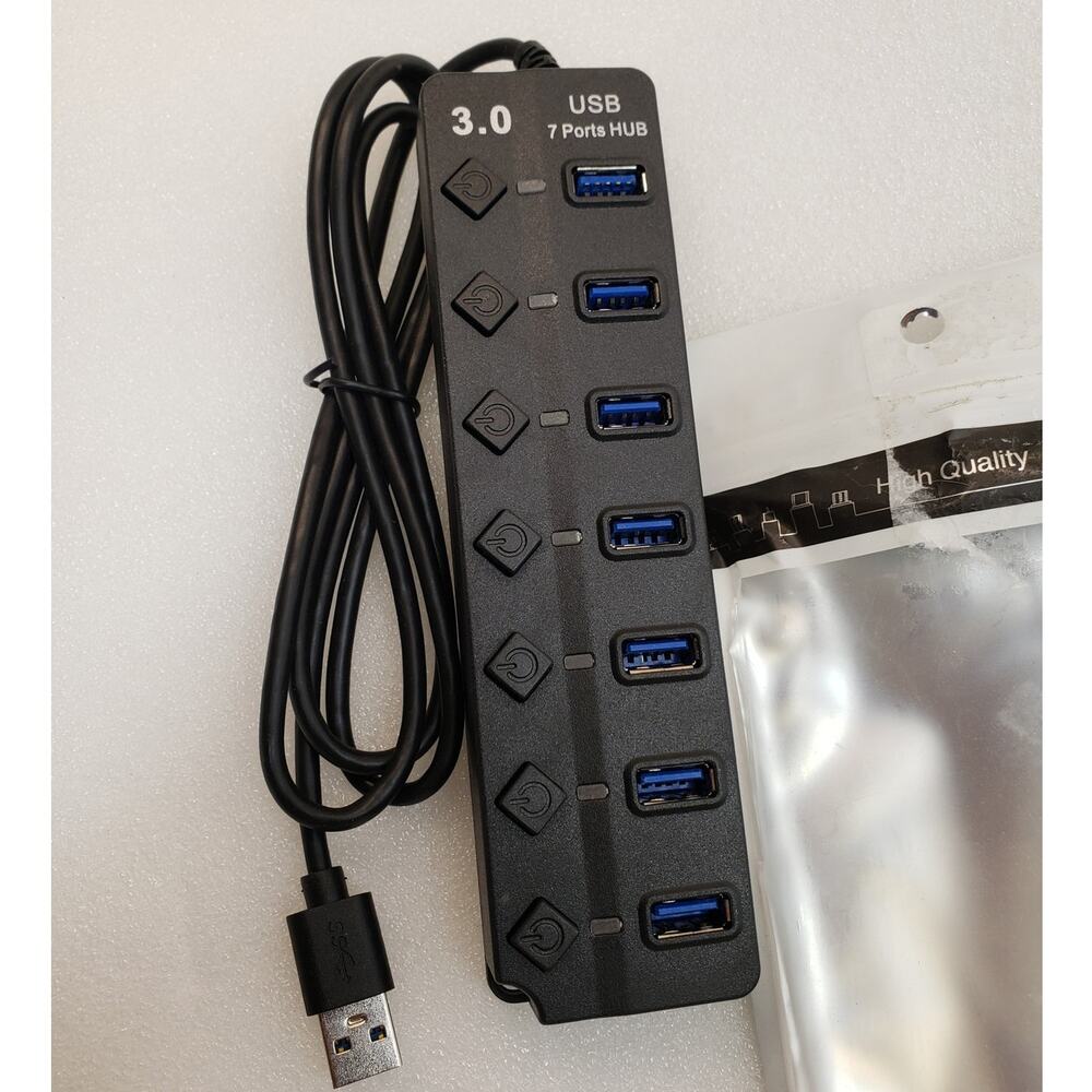 Unbranded 7-Port USB 3.0 Data Hub with Individual Power Switches (Black)